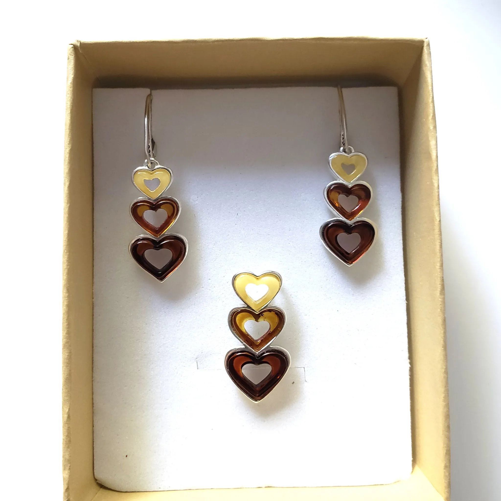 Multicolor Amber Heart Earrings Pendant Set