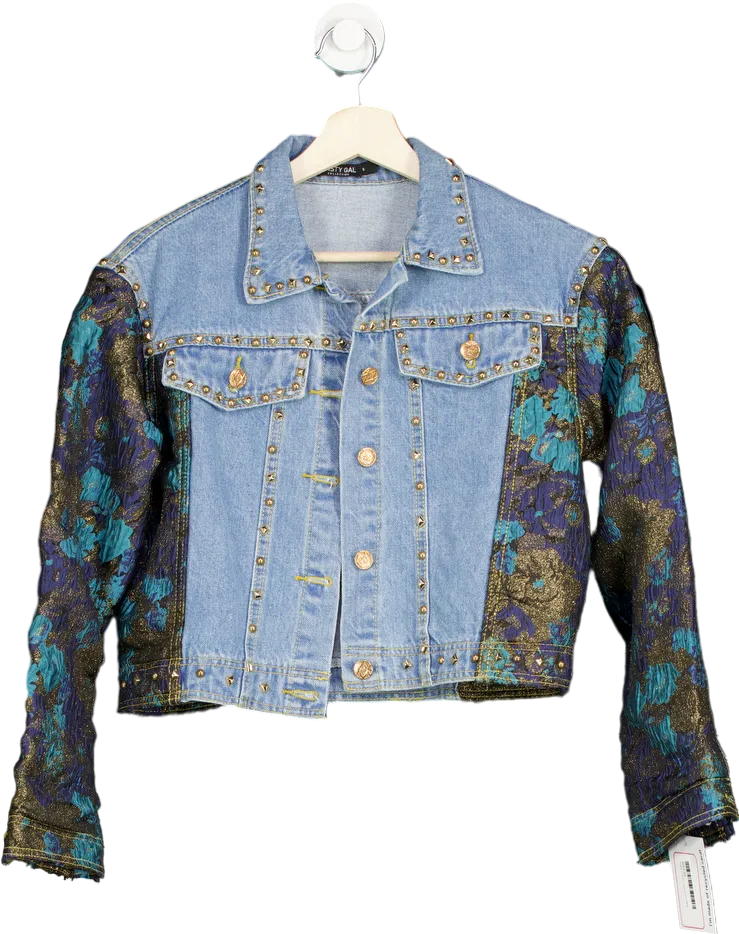Nasty Gal Blue/Multicolour Studded Denim and Brocade Jacket S