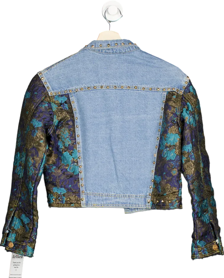 Nasty Gal Blue/Multicolour Studded Denim and Brocade Jacket S