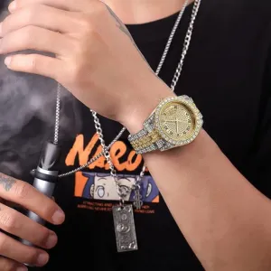 NEW Retails $85 Two Tone Crystal Men's Watch Round Gold Dial Black Roman Numeral Hours with Date Indicator on matching Two Tone Crystal Linked Band New!