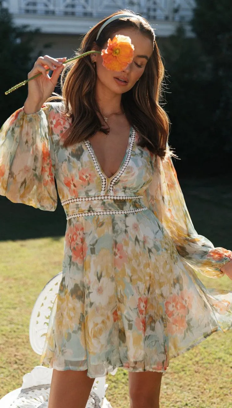 Oh she shines Plunging V neck Lace Dress | Floral Ruffle Dress | Short Lace Dress
