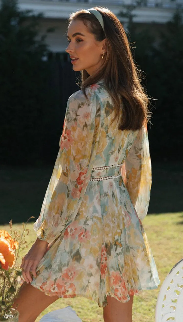 Oh she shines Plunging V neck Lace Dress | Floral Ruffle Dress | Short Lace Dress