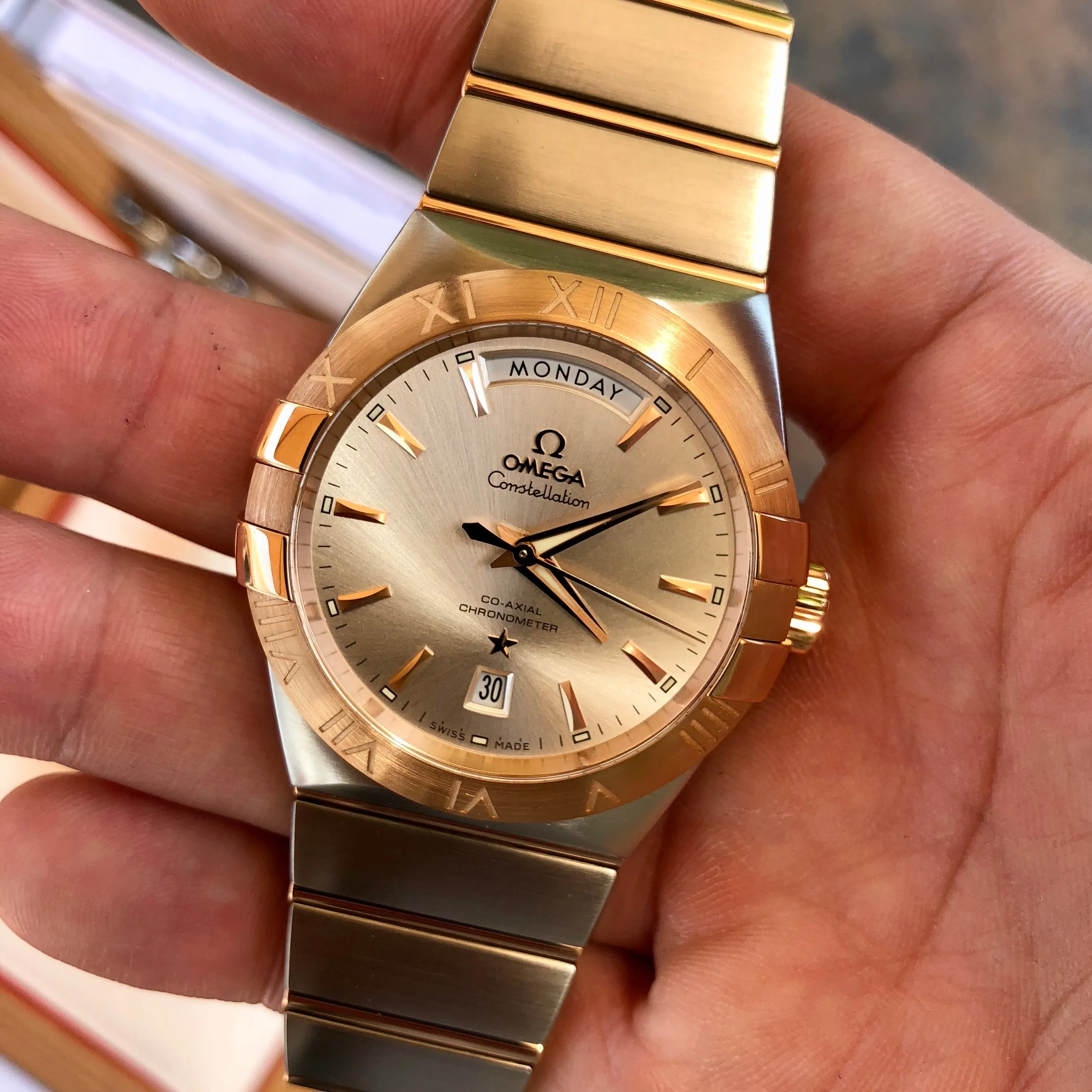 Omega Constellation 12320382202001 Two Tone Red Gold Steel Silver Dial Day Date Box & Papers