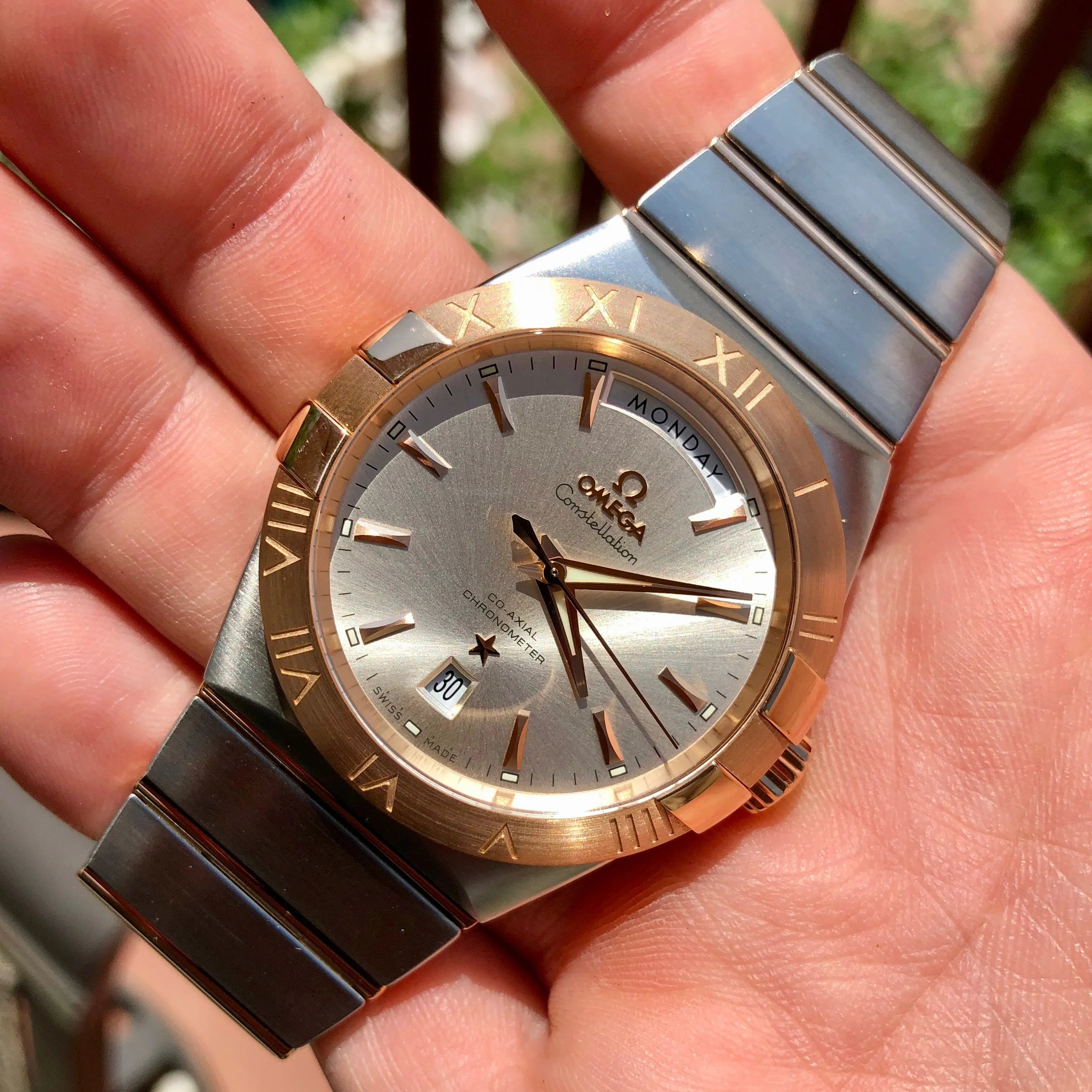 Omega Constellation 12320382202001 Two Tone Red Gold Steel Silver Dial Day Date Box & Papers