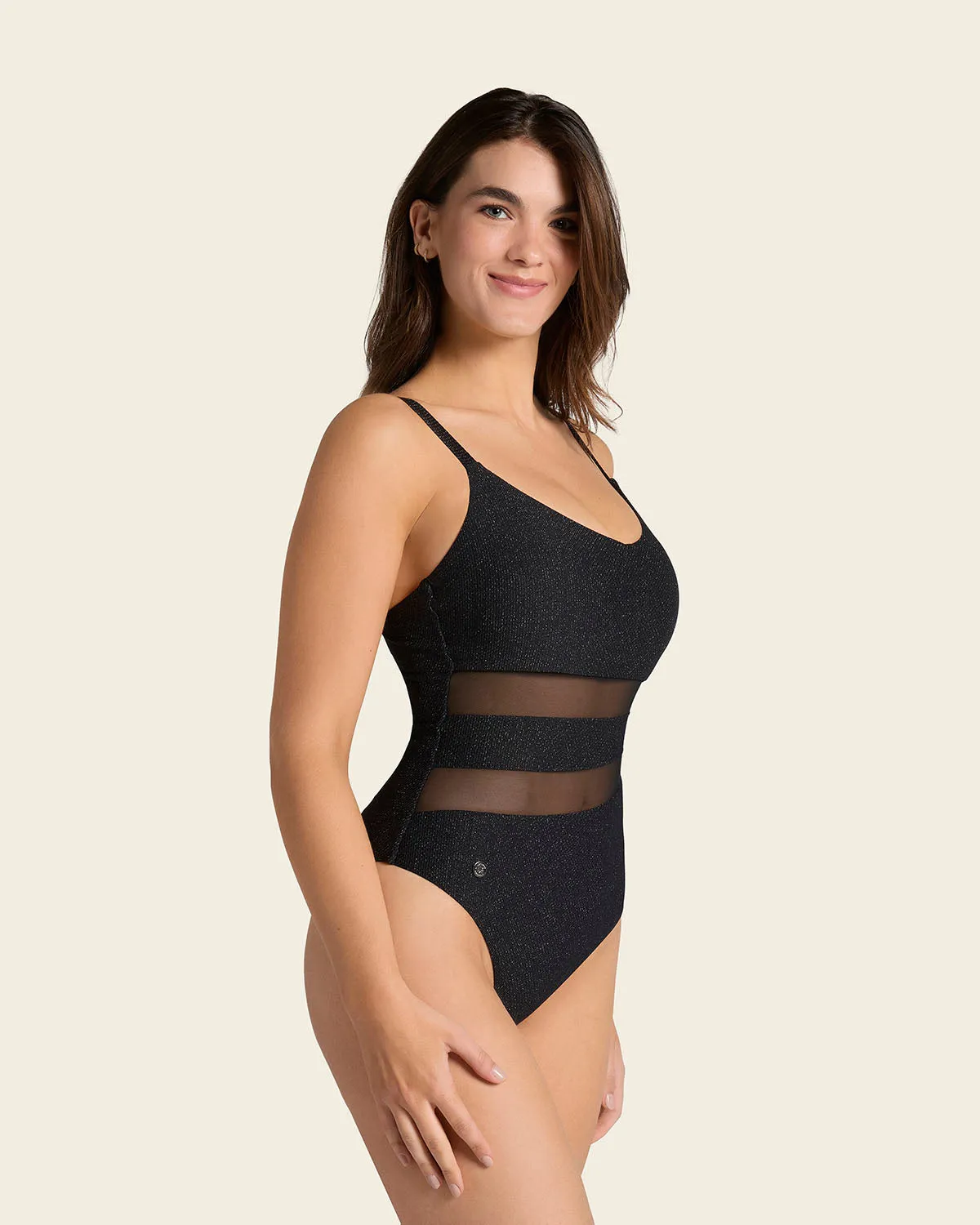 One-Piece Slimming Swimsuit in Shiny Fabric with Sheer Cutouts