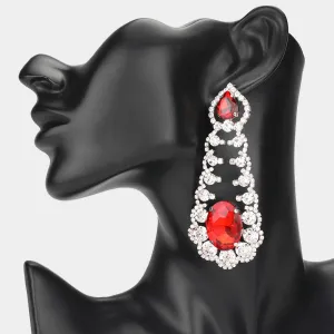Oversized Red Oval and Teardrop Stone with Accented Rhinestone Trim | Evening Earrings |  650350