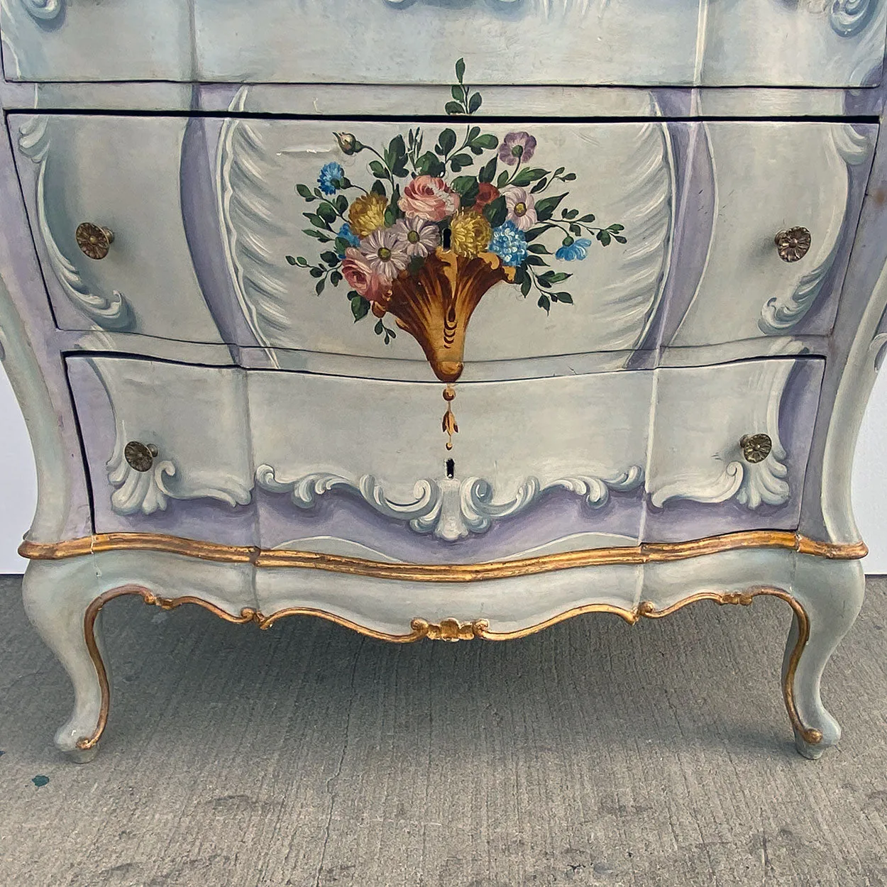 Pair Italian Venetian Gilt and Painted Pine Bombe Chest of Drawers