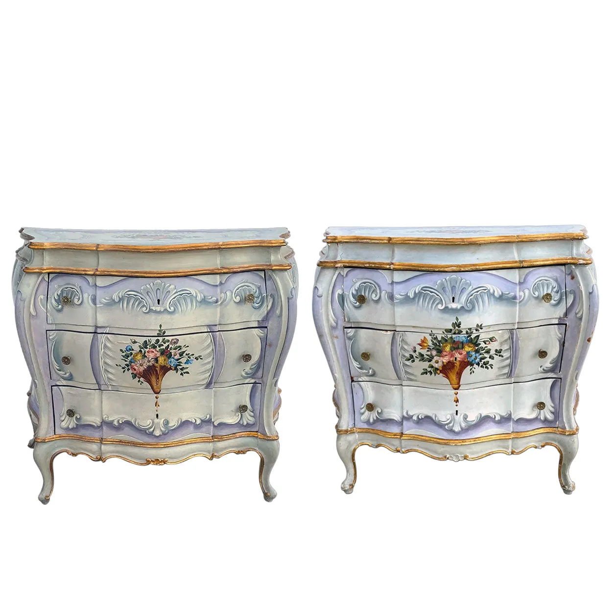 Pair Italian Venetian Gilt and Painted Pine Bombe Chest of Drawers
