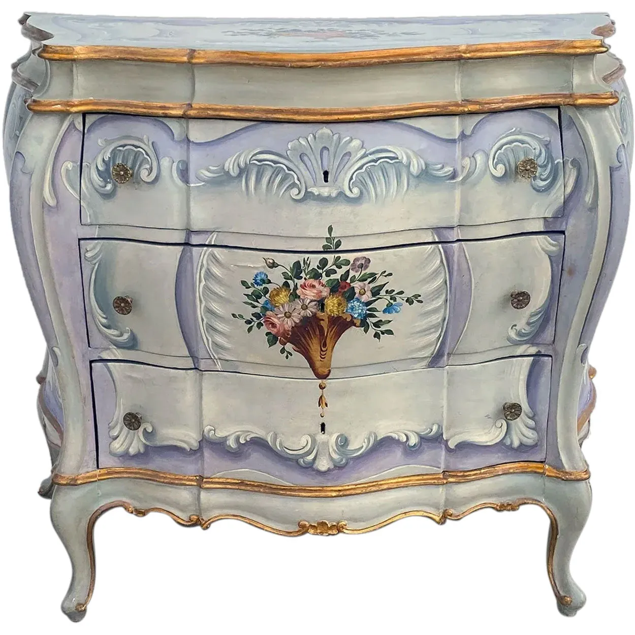 Pair Italian Venetian Gilt and Painted Pine Bombe Chest of Drawers