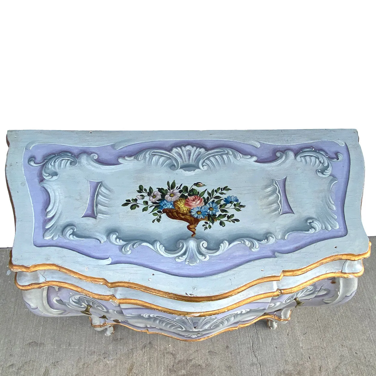 Pair Italian Venetian Gilt and Painted Pine Bombe Chest of Drawers