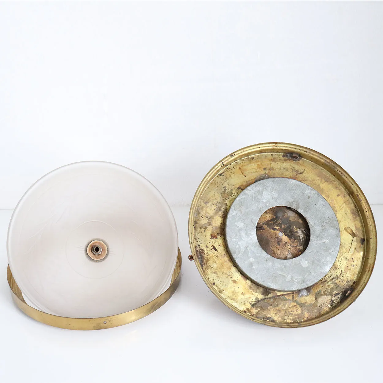 Pair of American Belcaro Mansion Brass Mounted Engraved Glass Domed Ceiling Lights