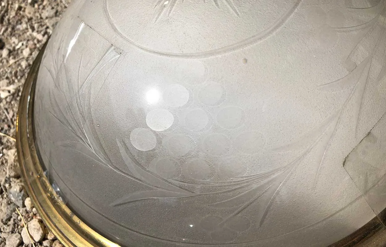 Pair of American Belcaro Mansion Brass Mounted Engraved Glass Domed Ceiling Lights