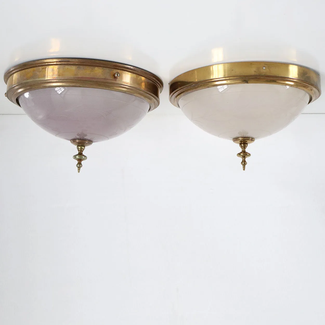 Pair of American Belcaro Mansion Brass Mounted Engraved Glass Domed Ceiling Lights