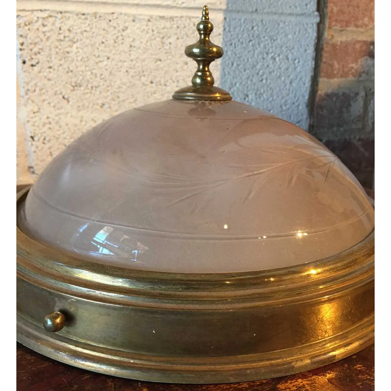 Pair of American Belcaro Mansion Brass Mounted Engraved Glass Domed Ceiling Lights