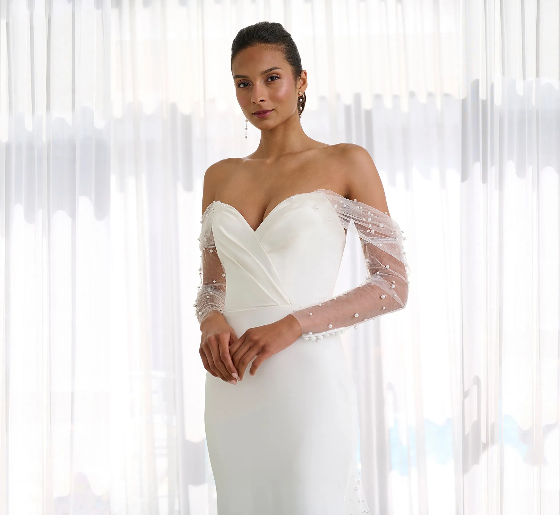 Pearl Studded Strapless Sheath Wedding Gown In Ivory