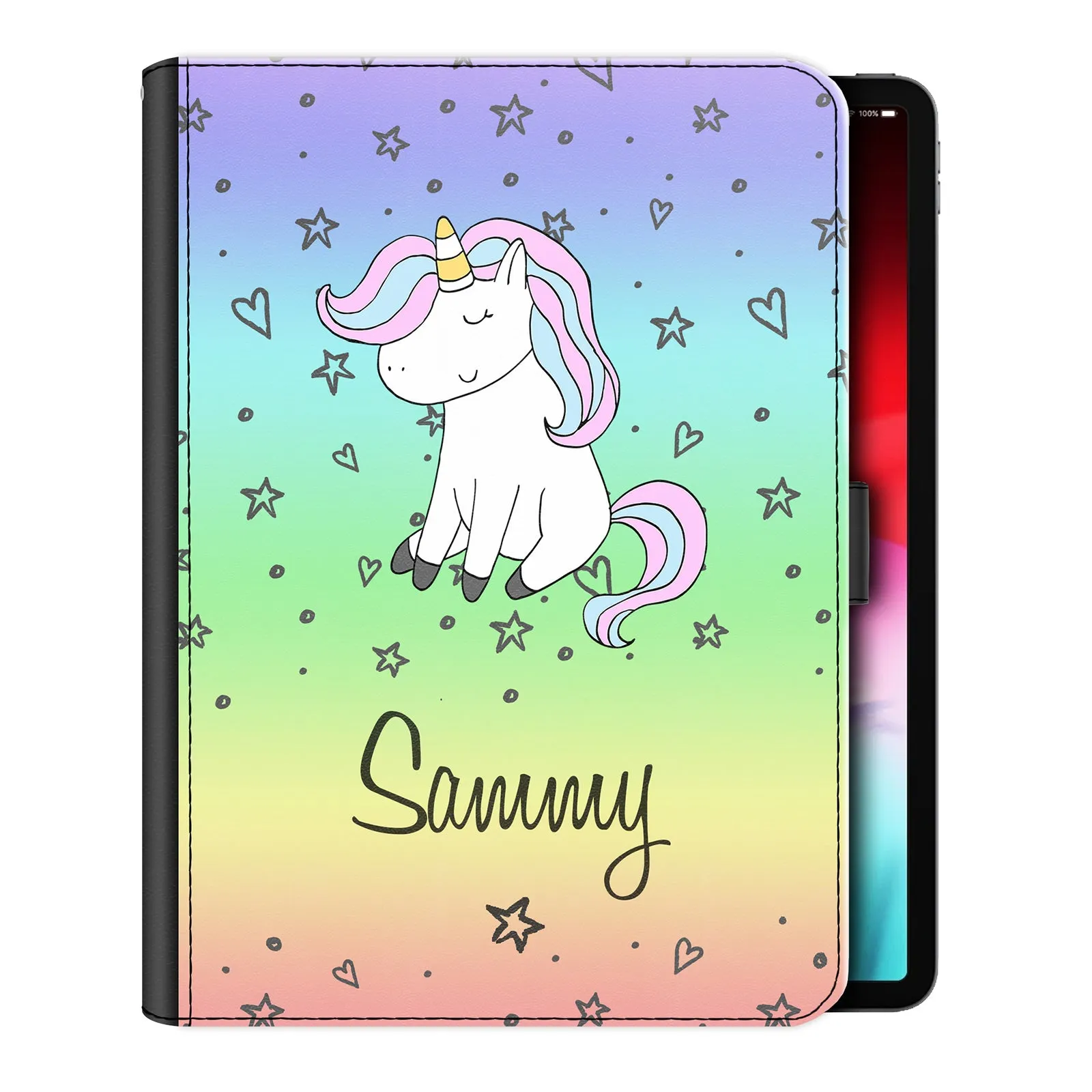 Personalised iPad Case with Pink and Blue Unicorn on Rainbow Stars and Hearts