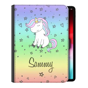 Personalised iPad Case with Pink and Blue Unicorn on Rainbow Stars and Hearts