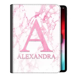 Personalised iPad Case with Pink Initials and Text on Pink Infused Marble