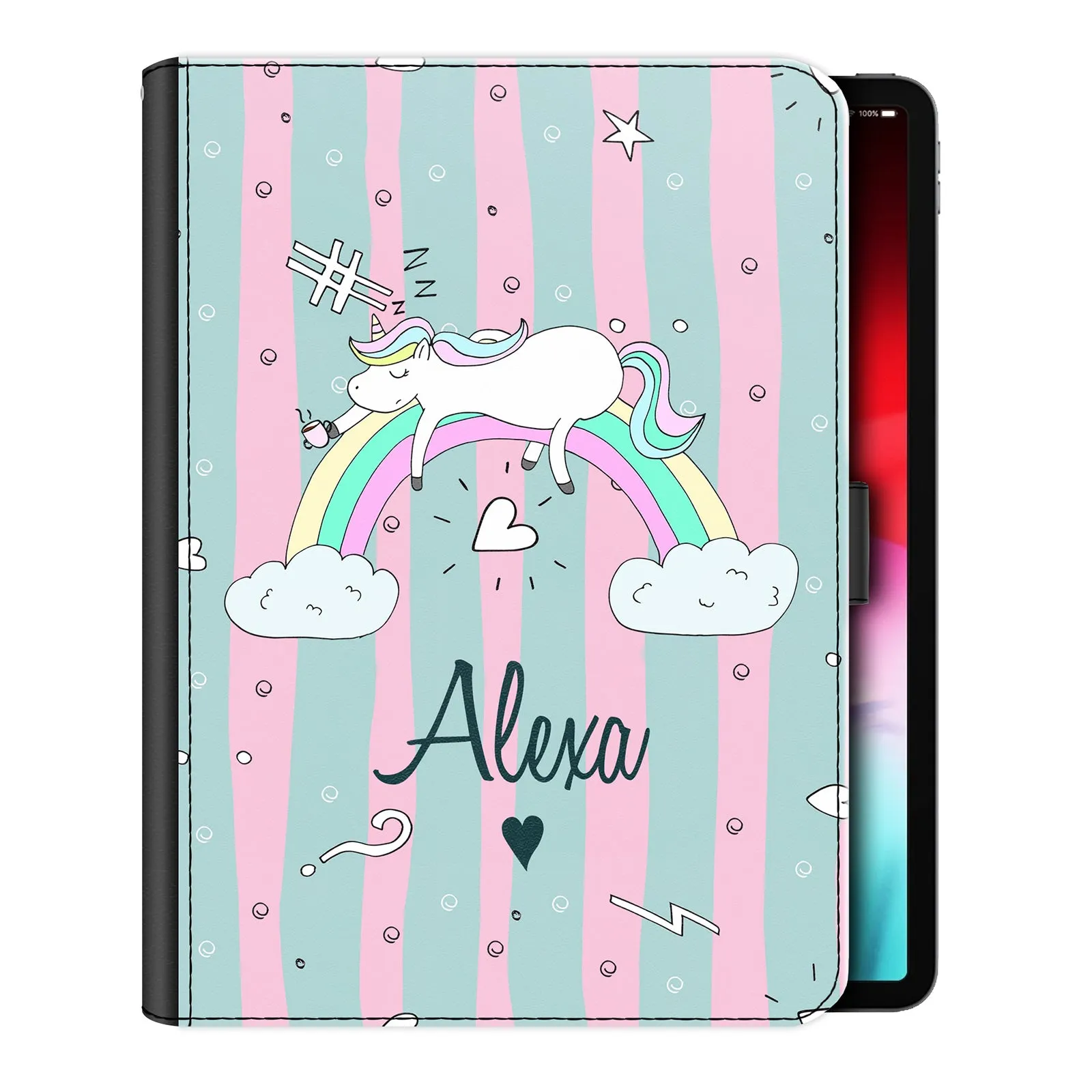 Personalised iPad Case with Sleeping Unicorn and Rainbow on Cartoon Stripes