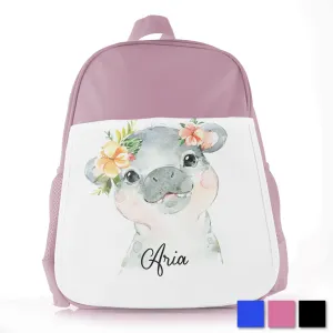 Personalised School Bag with Cute Text and Hippo Peach Flowers