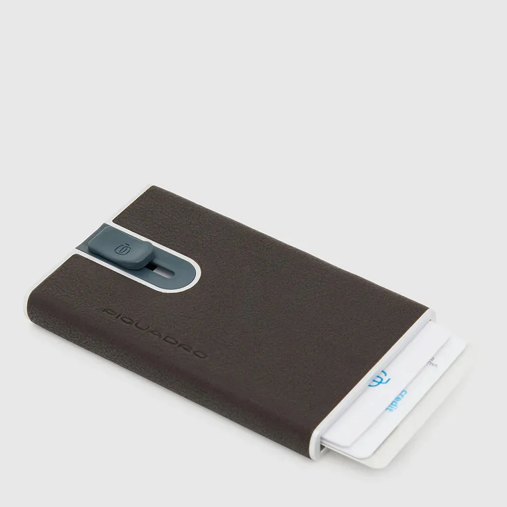 Porta Carte di Credito Piquadro Black Square in Metallo con Rivestimento in Pelle Testa di Moro