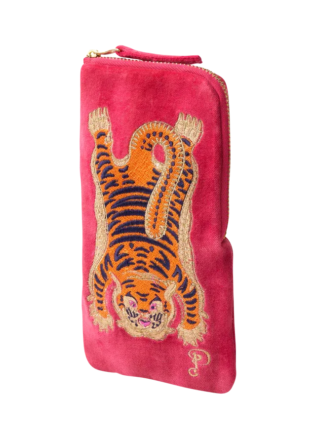 Powder Ikat Tiger Velvet Sunglasses Pouch - Fuchsia
