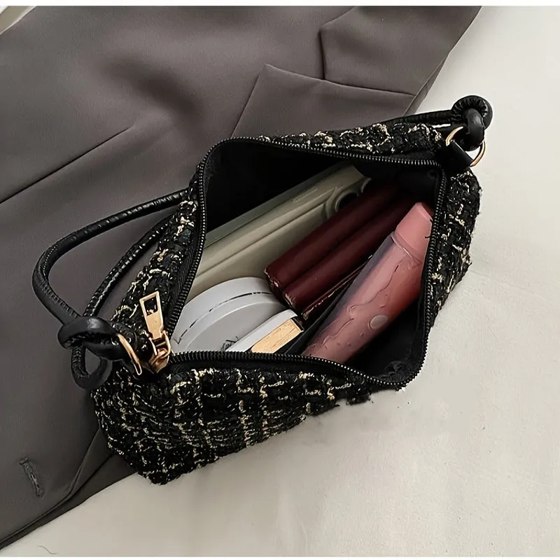 realaiot Trendy Color Blocking Plaid Shoulder Bag, Casual Zipper Handbag, Perfect Underarm Bag For Commuting