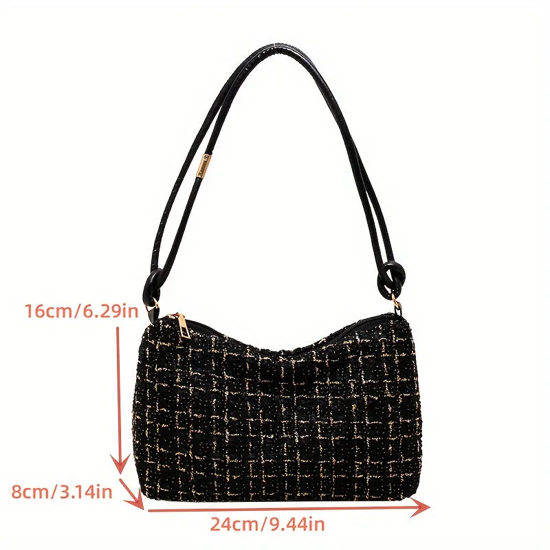 realaiot Trendy Color Blocking Plaid Shoulder Bag, Casual Zipper Handbag, Perfect Underarm Bag For Commuting