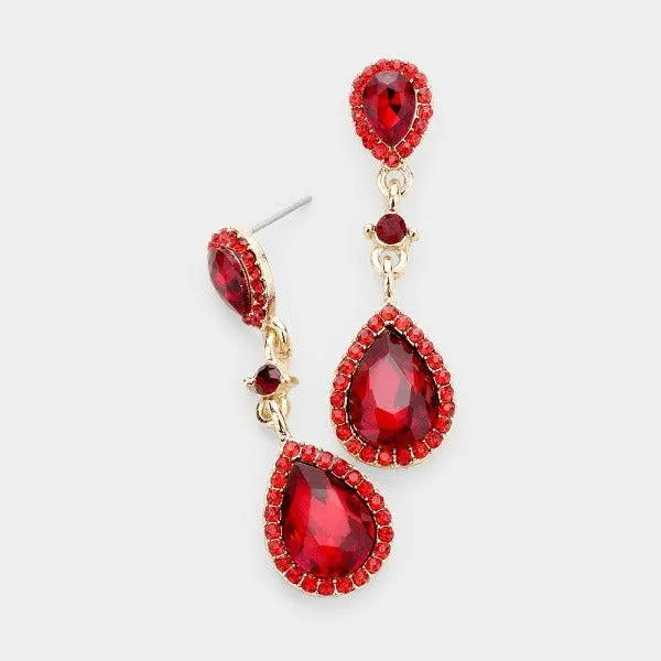 Red Pear Crystal Evening Earrings