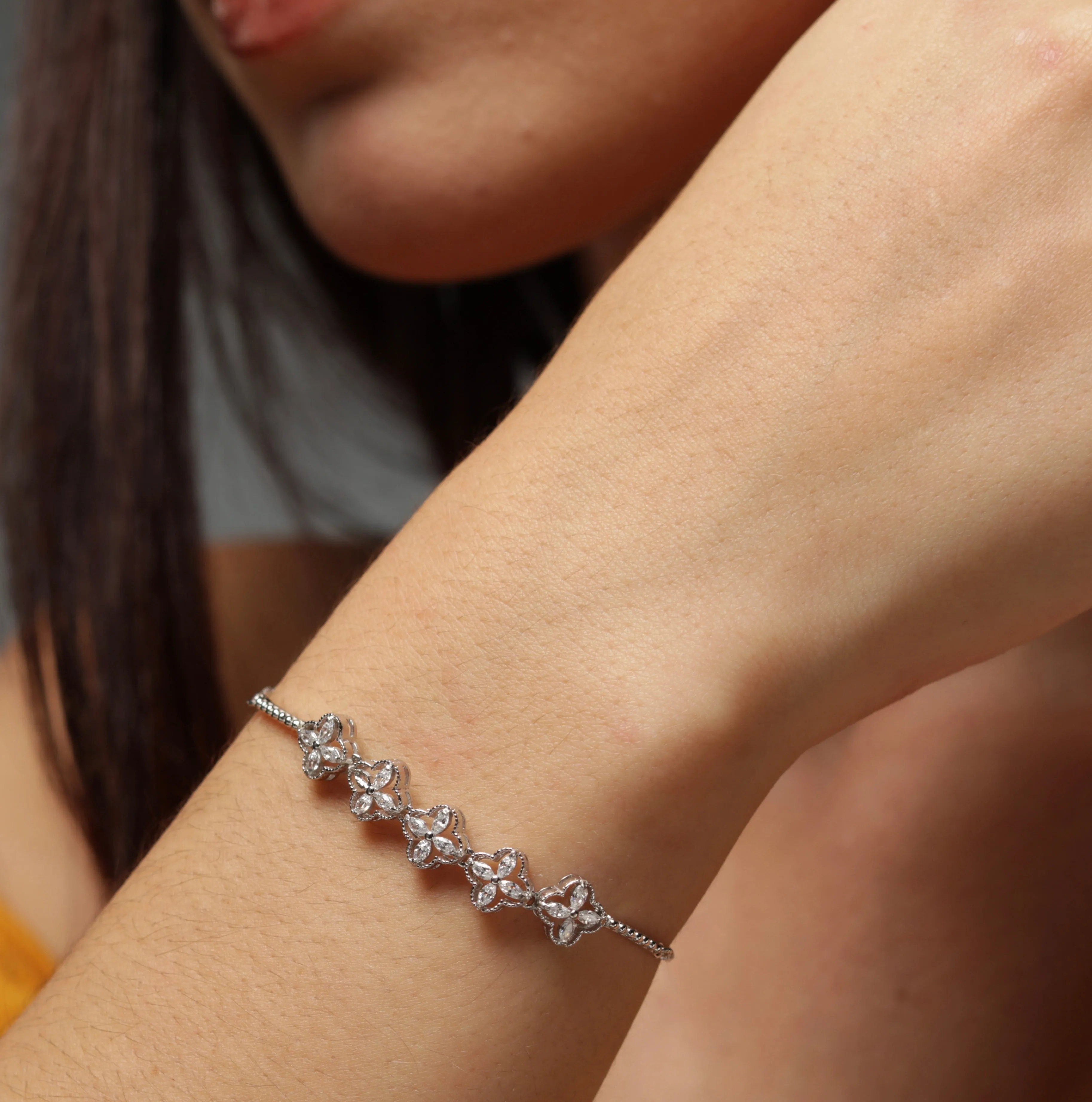 Romantic Flowers Adjustable CZ Bracelet - Gold or Silver