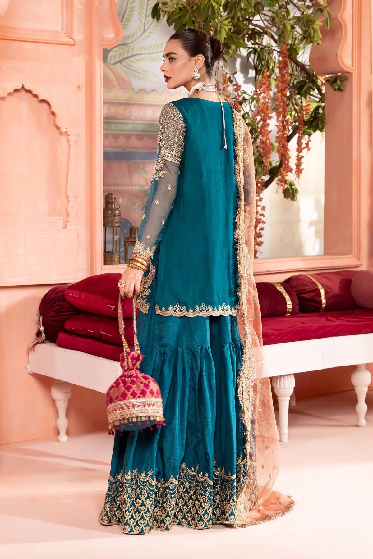 Royal Embroidered Pakistani Party Wear Gharara Kameez in Zinc Shade