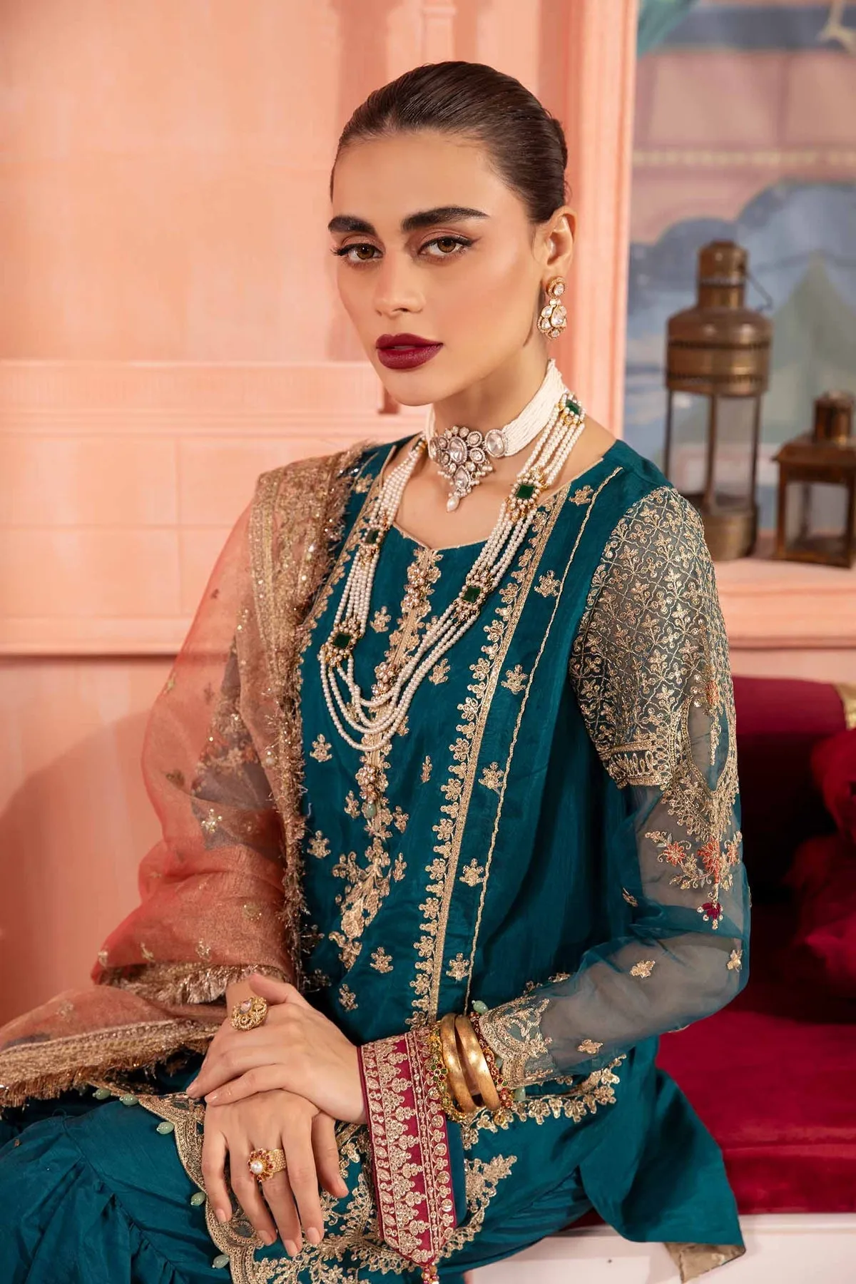 Royal Embroidered Pakistani Party Wear Gharara Kameez in Zinc Shade