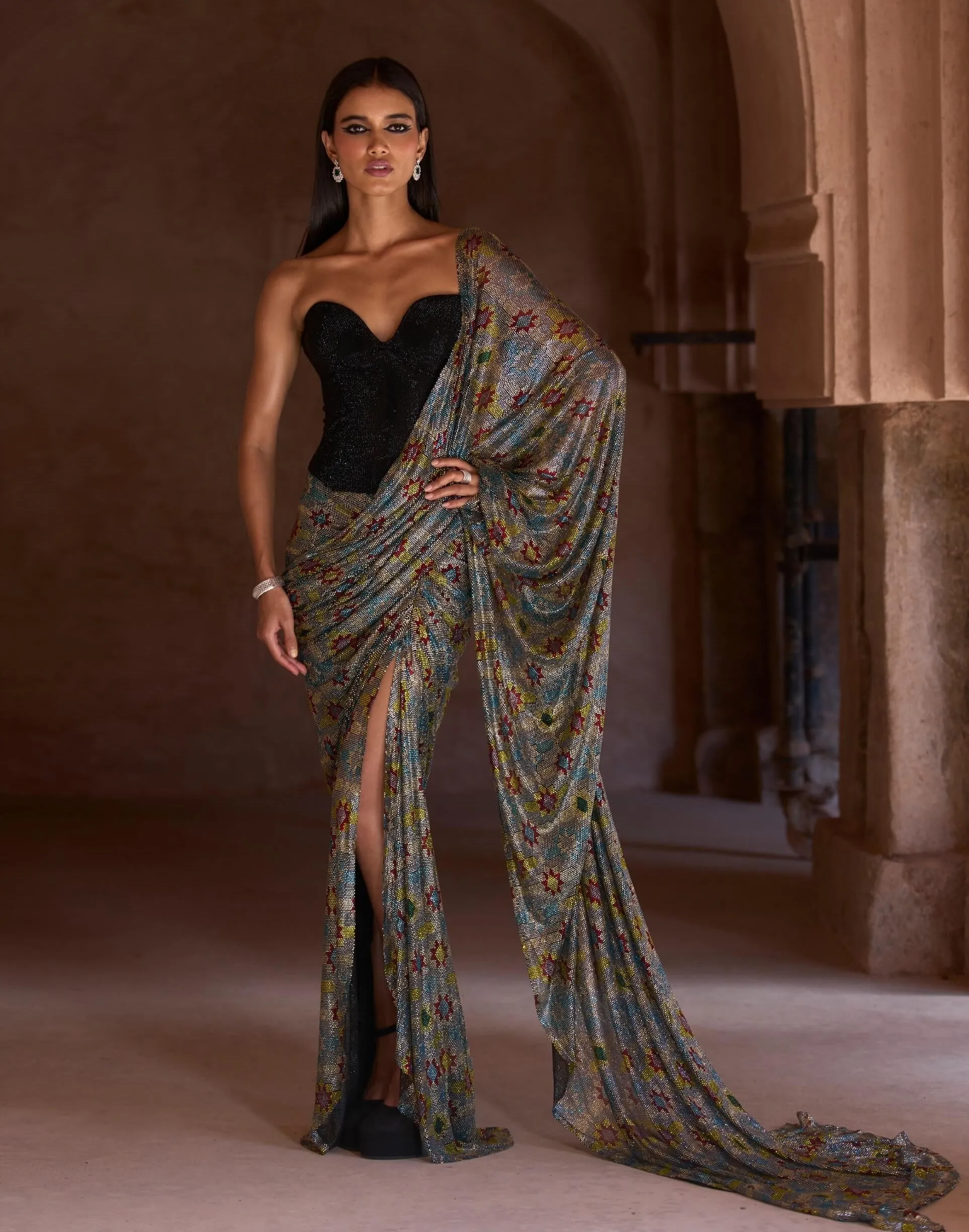 Sana black silver corset sari set
