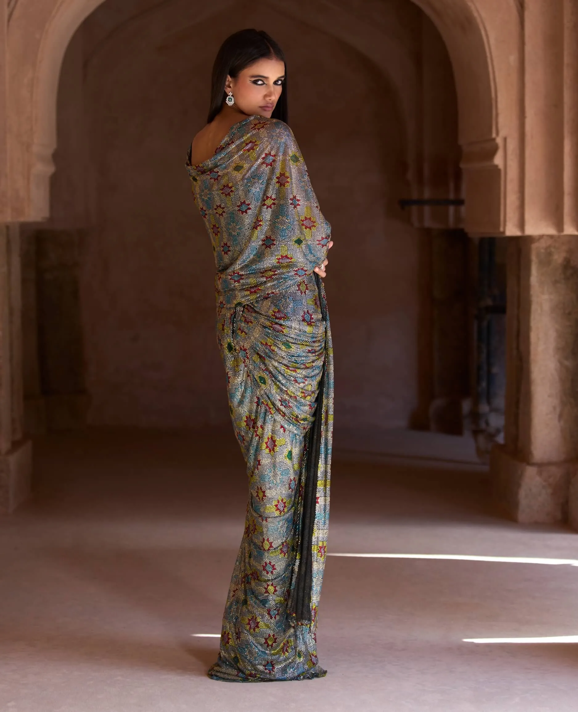 Sana black silver corset sari set