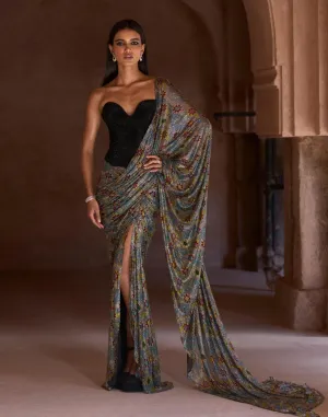 Sana black silver corset sari set