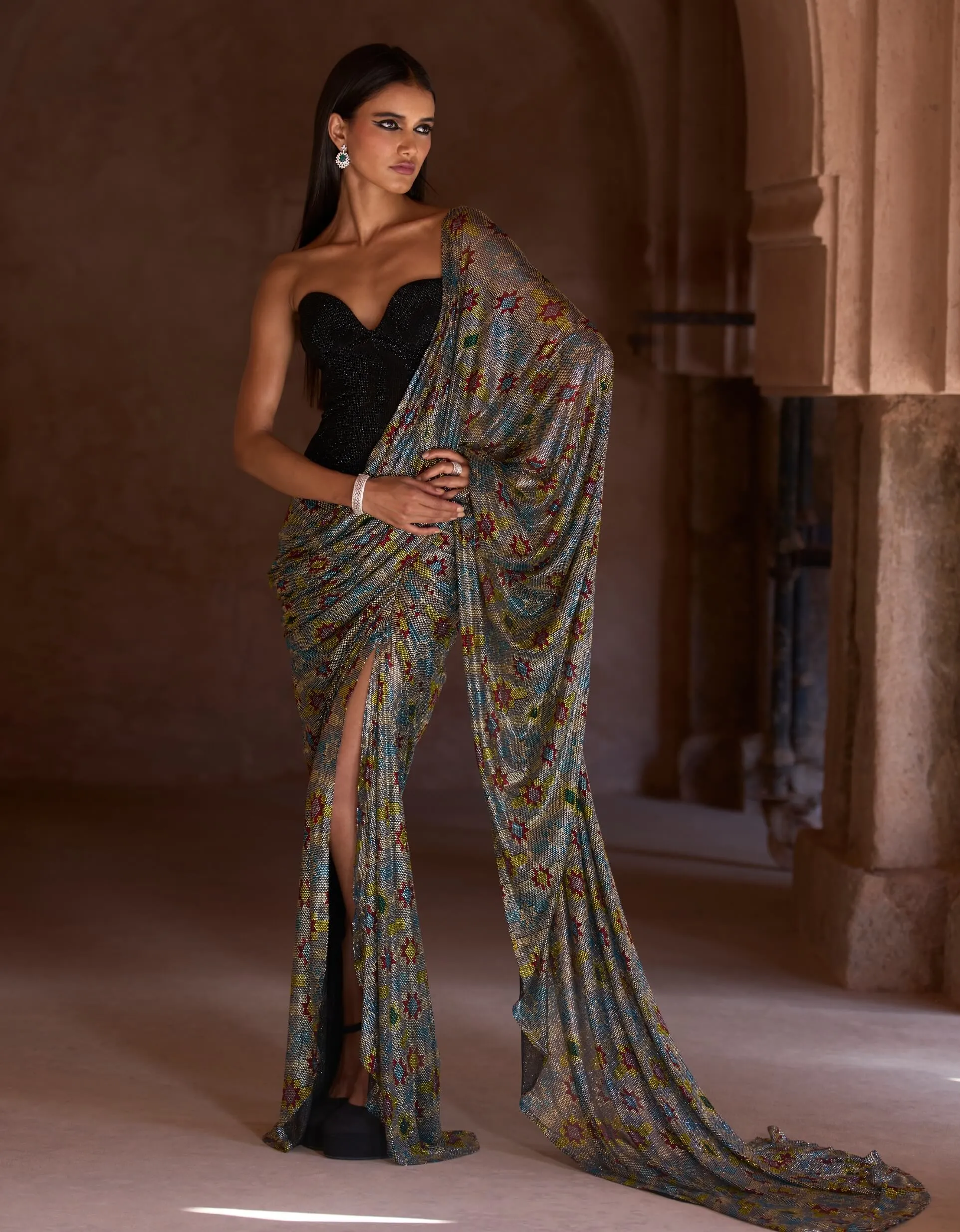 Sana black silver corset sari set