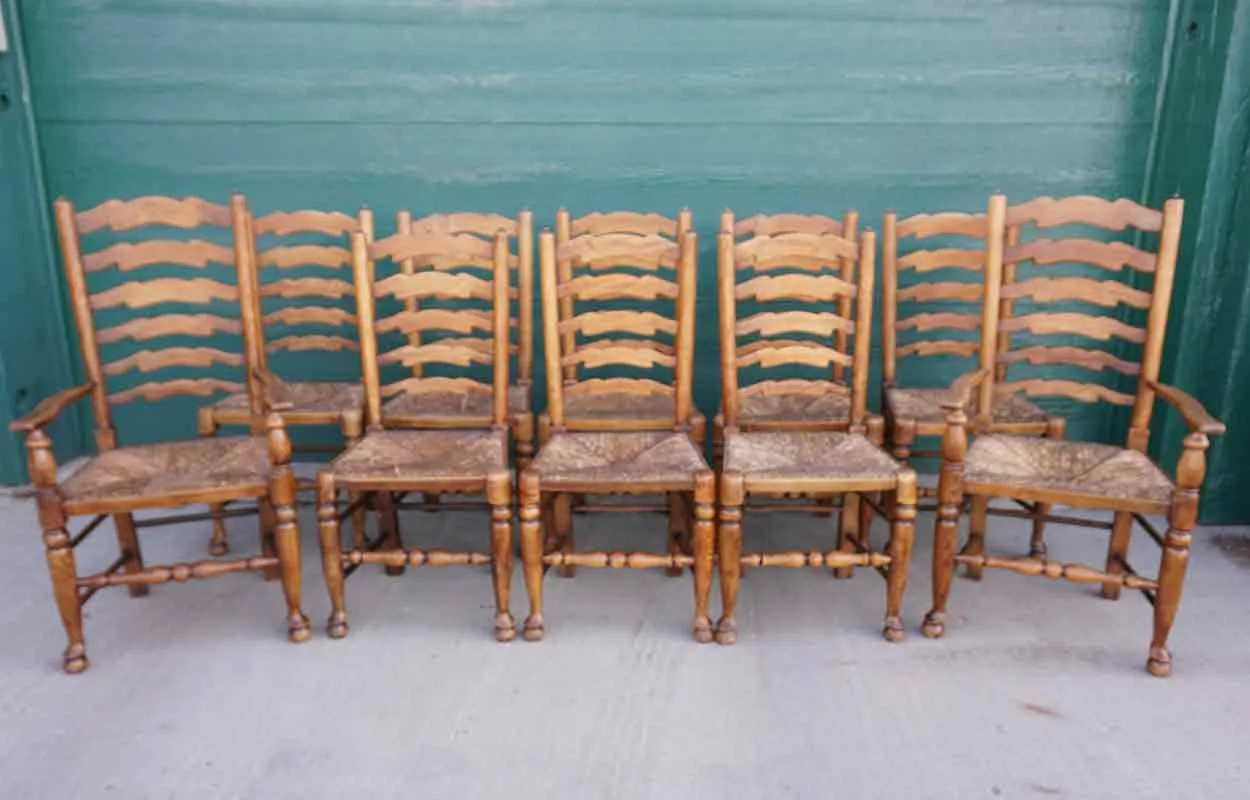 Set of 10 English Country Oak Rush Seat Ladderback Dining Chairs