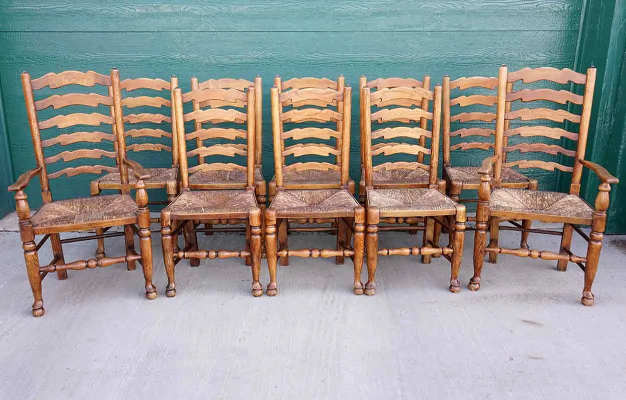 Set of 10 English Country Oak Rush Seat Ladderback Dining Chairs