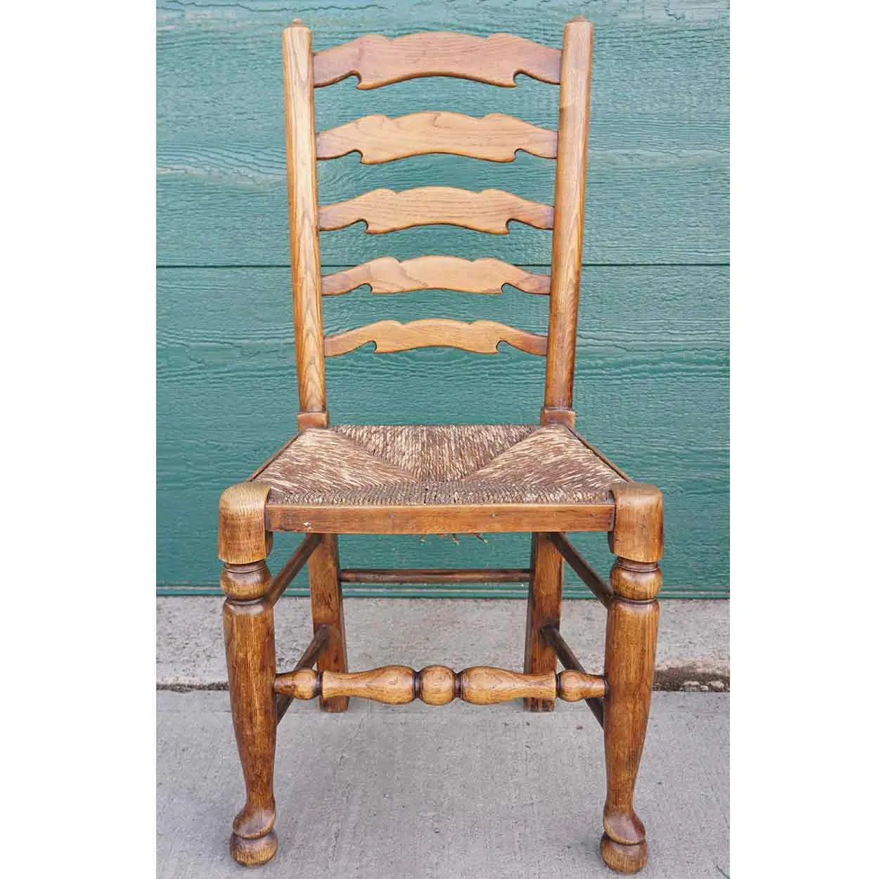 Set of 10 English Country Oak Rush Seat Ladderback Dining Chairs