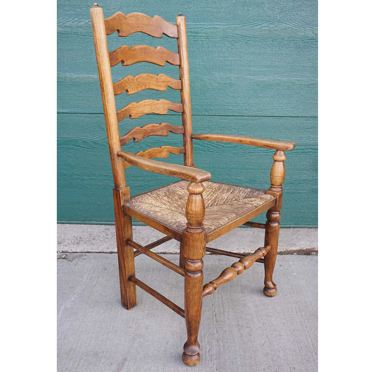 Set of 10 English Country Oak Rush Seat Ladderback Dining Chairs