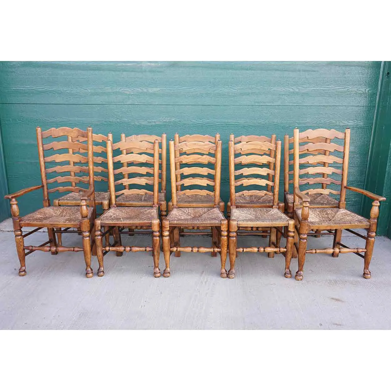 Set of 10 English Country Oak Rush Seat Ladderback Dining Chairs