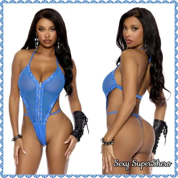 🆕💙Sexy Leather &amp; Fishnet Studded Trim Teddy Lingerie or top