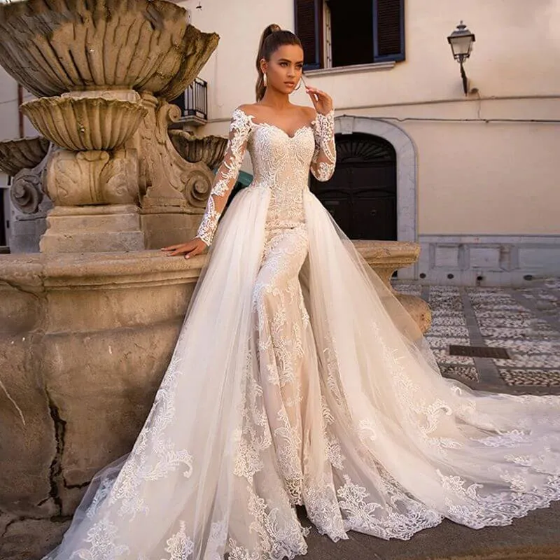 Sexy Sweetheart Lace Mermaid Wedding Dress with Detachable Train Off Shoulder Long Sleeve 2 In 1