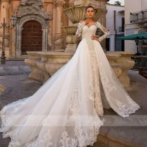 Sexy Sweetheart Lace Mermaid Wedding Dress with Detachable Train Off Shoulder Long Sleeve 2 In 1