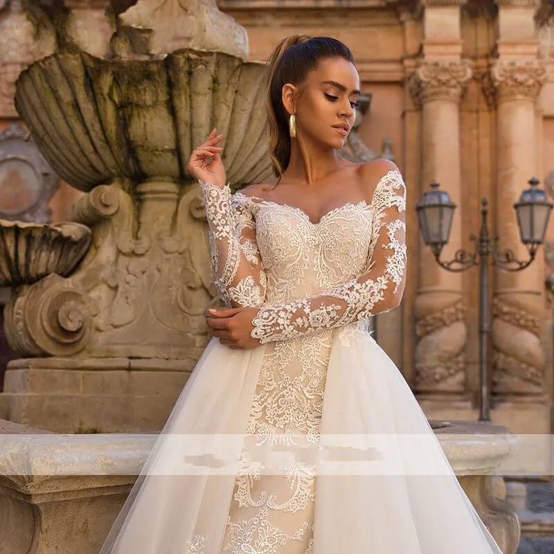 Sexy Sweetheart Lace Mermaid Wedding Dress with Detachable Train Off Shoulder Long Sleeve 2 In 1