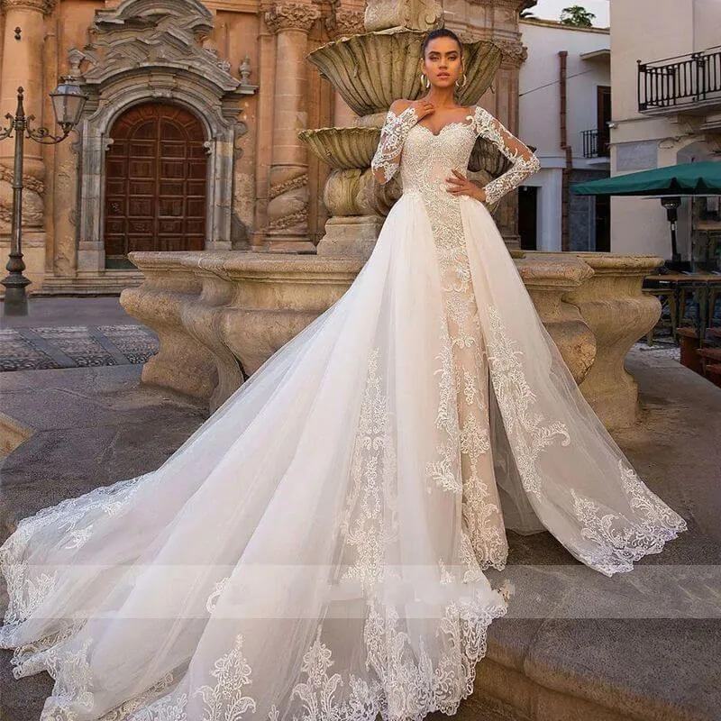Sexy Sweetheart Lace Mermaid Wedding Dress with Detachable Train Off Shoulder Long Sleeve 2 In 1