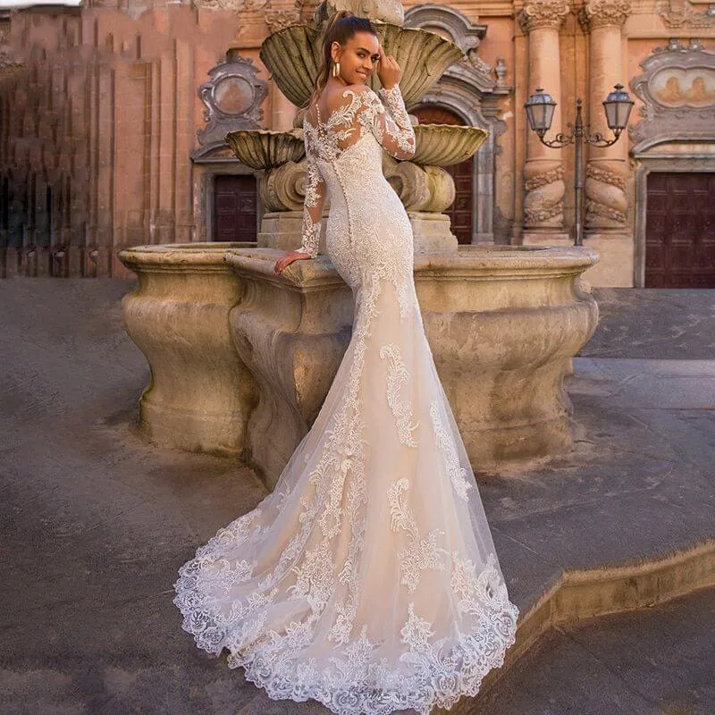 Sexy Sweetheart Lace Mermaid Wedding Dress with Detachable Train Off Shoulder Long Sleeve 2 In 1
