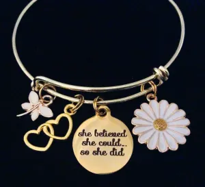 She Believed She Could So She Did Gold Expandable Charm Bracelet Adjustable Wire Bangle One Size Fits All Gift