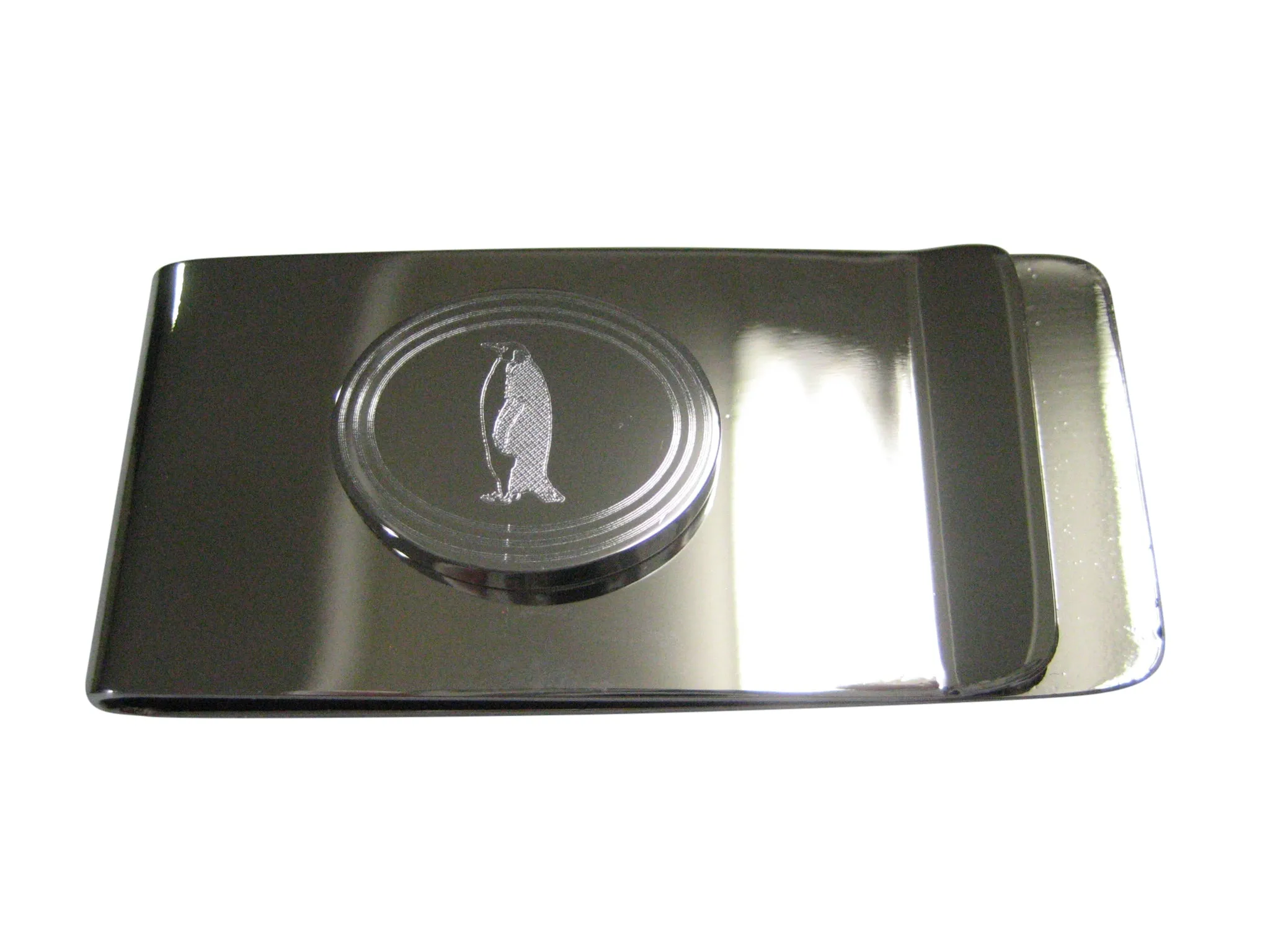 Silver Toned Etched Oval Penguin Money Clip