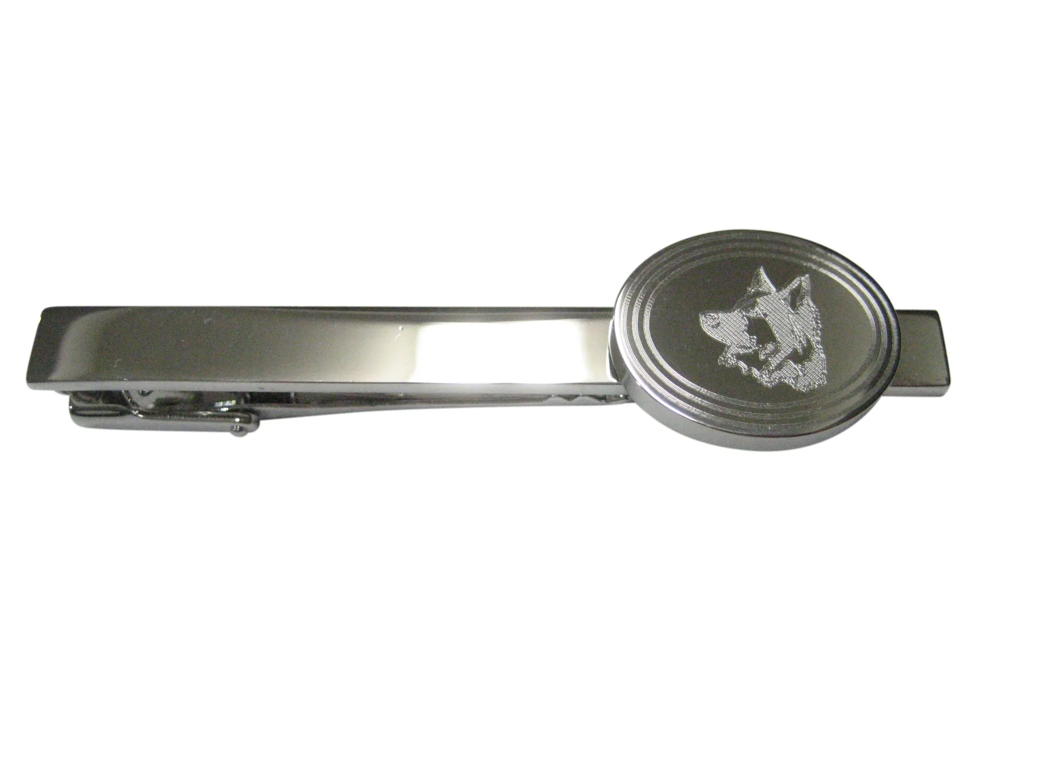 Silver Toned Etched Oval Side Facing Dog Head Tie Clip